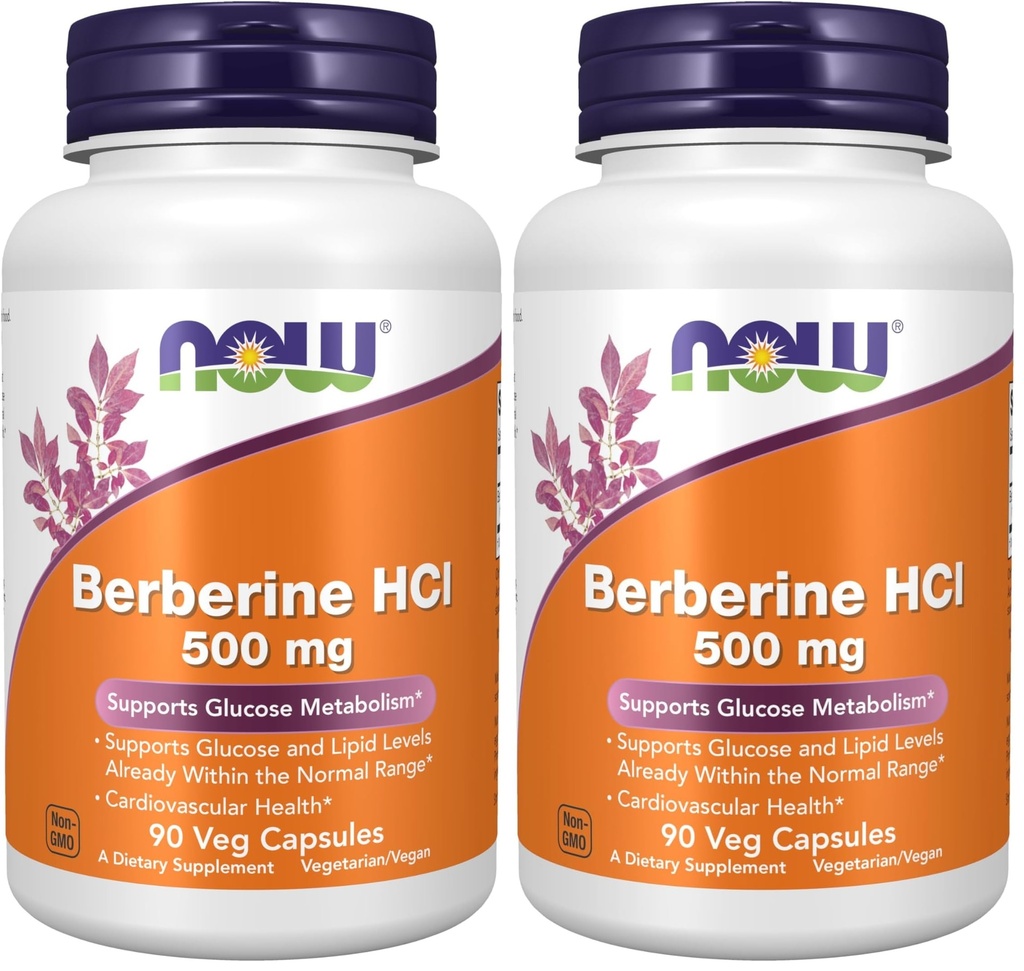 Now Supplements,Berberine HCL 500 mg,Supports Glucose Metabolism*,90 Veg Capsules,(Pack of 2)