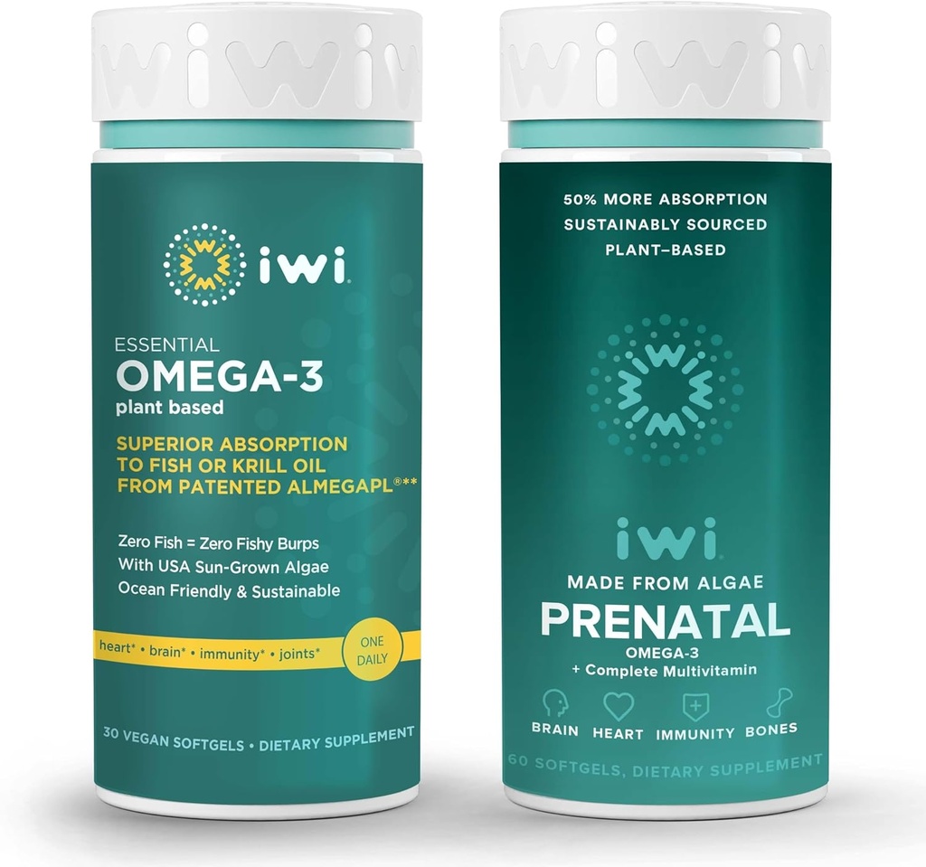 Iwi Omega-3 Essential & Prenatal Multivitamin Bundle, 30 Servings, Vegan Plant-Based Algae Omega 3, Krill & Fish Oil Alternative, No Fishy Aftertaste