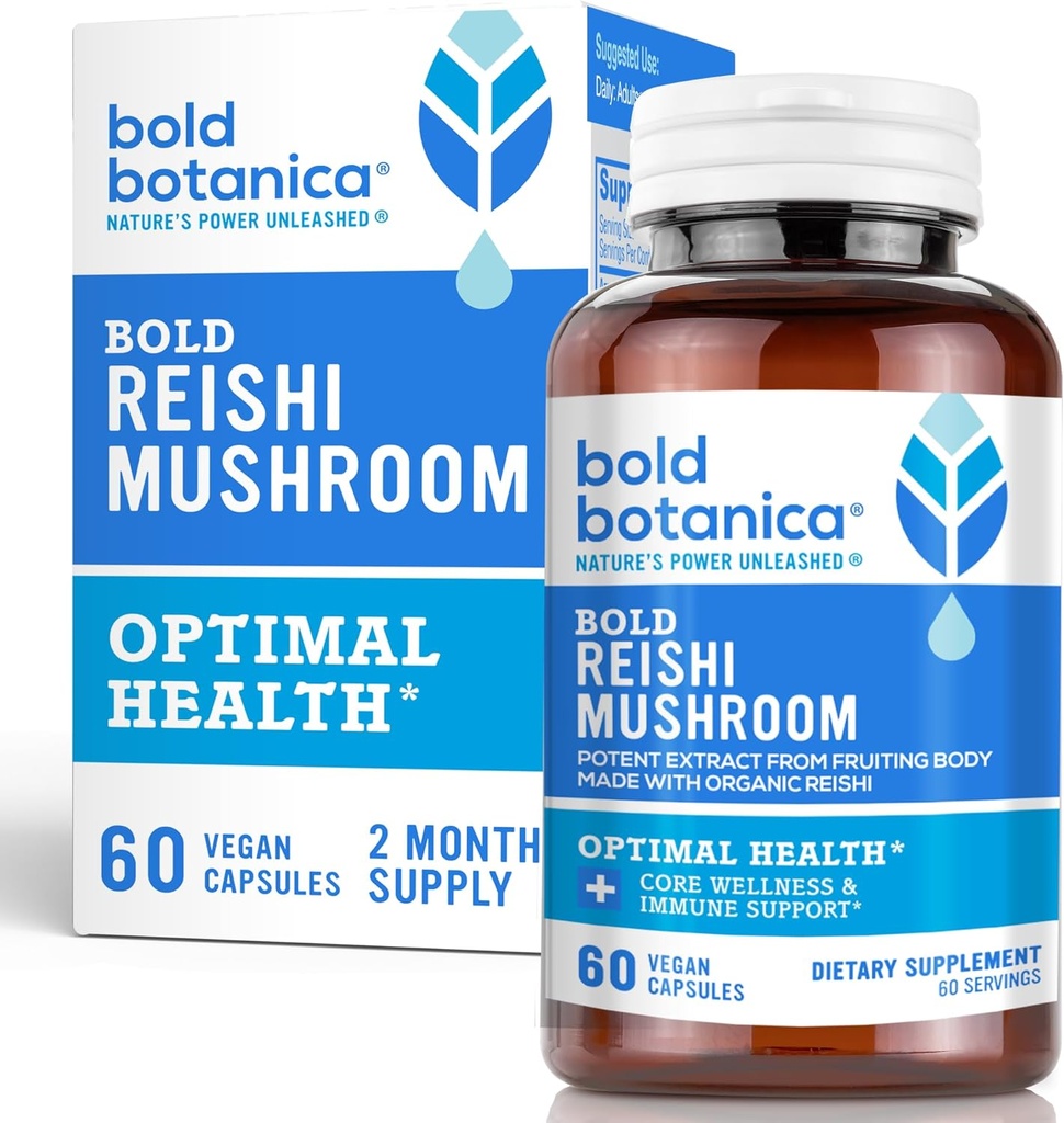 Τολμηρή Botanica Reishi Mushroom Κάψουλες - 100% Σώμα Φρούτων - Συμπυκνωμένο Βιολογικό Εκχύλισμα Reishi για Ανοσολογική Υποστήριξη & Πυρήνας Ευεξία - Όχι Μυκήλια & Όχι Σπόροι - 60 Κάψουλες Vegan