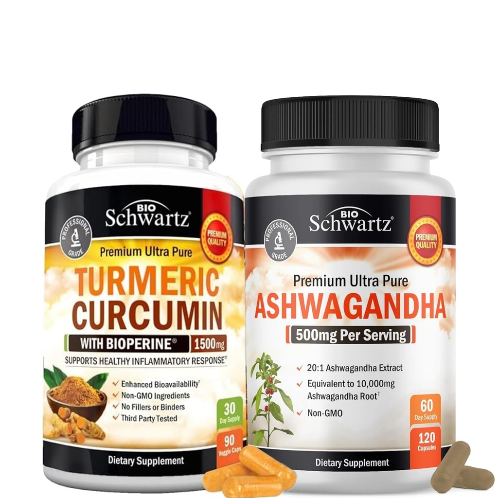 Ekstra Kuvvet Ashwagandha Capsules (2 Ay Supply) Plus Turmeric Curcumin with Black Pepper Extract 1500 mg Complex (Trial Boyut)