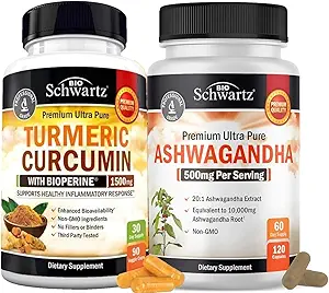 Ekstra Kuvvet Ashwagandha Capsules (2 Ay Supply) Plus Turmeric Curcumin with Black Pepper Extract 1500 mg Complex (Trial Boyut)