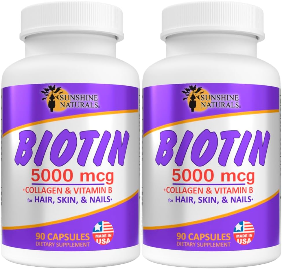 Sunshine Naturals Biotin Diyetary Supplement. for Healthier Skin, Tier Saç, Nail Büyüme. Collagen, Vitamin A, B for Saç Kaybı, Güzellik, Hücre Renewal, Scalp Health. 5000 mcg. 90 Capsules. Pack of 2