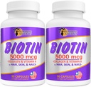 Sunshine Naturals Biotin Diyetary Supplement. for Healthier Skin, Tier Saç, Nail Büyüme. Collagen, Vitamin A, B for Saç Kaybı, Güzellik, Hücre Renewal, Scalp Health. 5000 mcg. 90 Capsules. Pack of 2