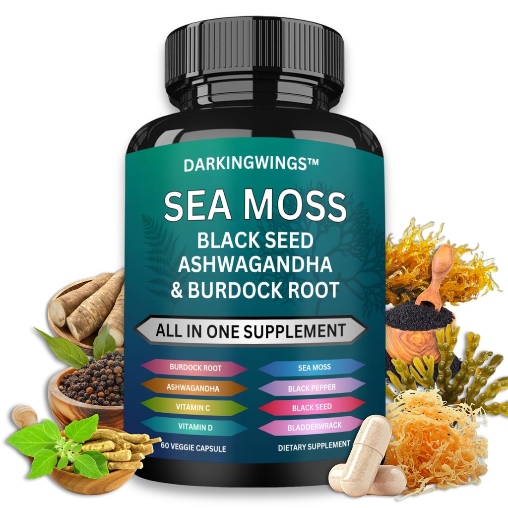 Sea Moss Advanced - Sea Moss 3000 mg Black Seed Oil 2000mg Ashwagandha 1000MG Bladderwrack 1000 mg Burdock 1000 mg & Vitamin C Vitamin D3 For Skin Hair Supplements |Man & Women / 30 Days Supply Capsules