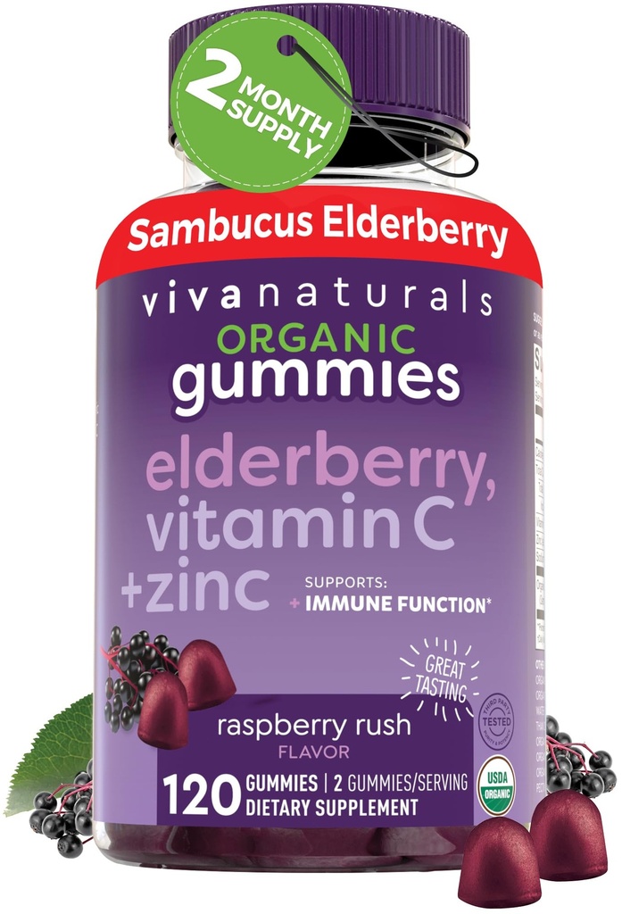 Viva Naturals Organic Sambucus Elderberry Gummies for Yetişkinler (120 Count) - 3in1 Black Elderberry Vitamin C ve çinko Immune Support Gummies, Chewable Elderberry Supplements, çinko Immunity Gummies,