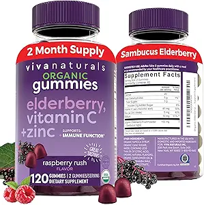 Viva Naturals Organic Sambucus Elderberry Gummies for Adults (120 Count) - 3in1 Black Elderberry Vitamin C and Zinc Immune Support Gummies, Chewable Elderberry Supplements, Zinc Immunity Gummies
