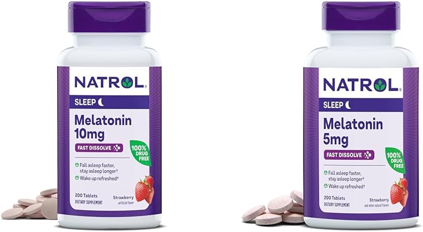 Natrol Melatonin 10 mg 200 Tablet & 5mg 200 Tablet Strawberry-Flavored Fast-Dissolve Sleep Support Diyetary Supplement Sche