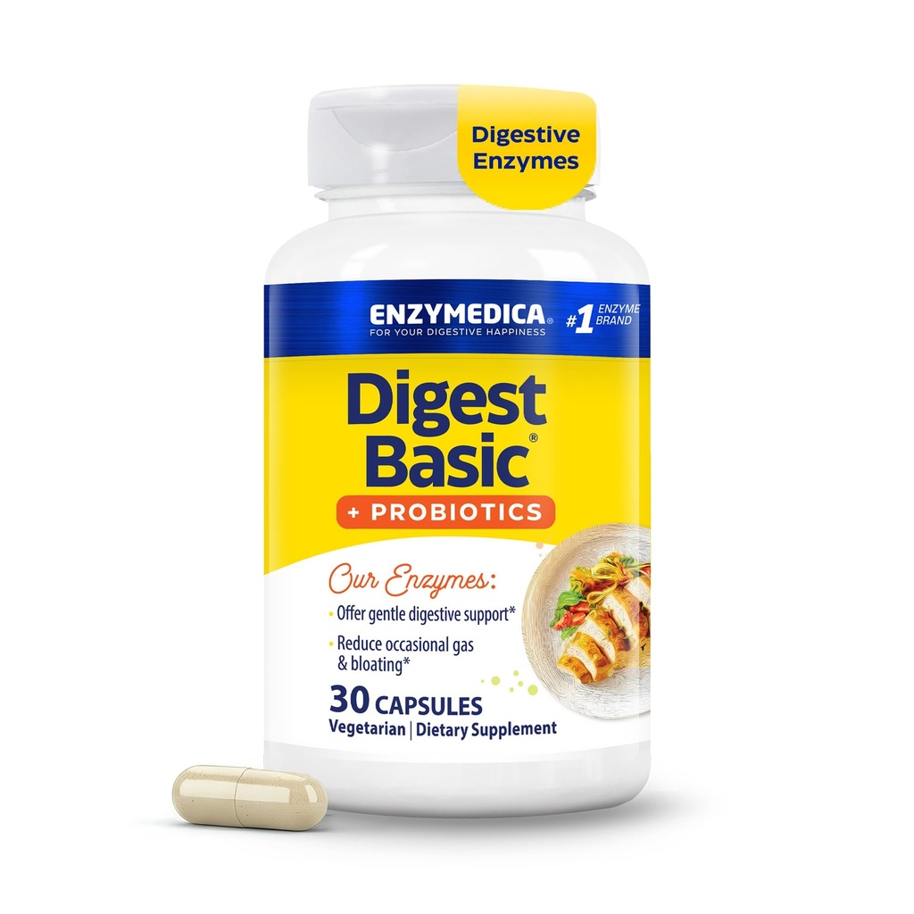 Enzymedica, Digest Basic + Probiyotiks, Gentle Digestive Enzymes with 400 Milyon CFU Active Cultures per Capsule, 30 Capsules