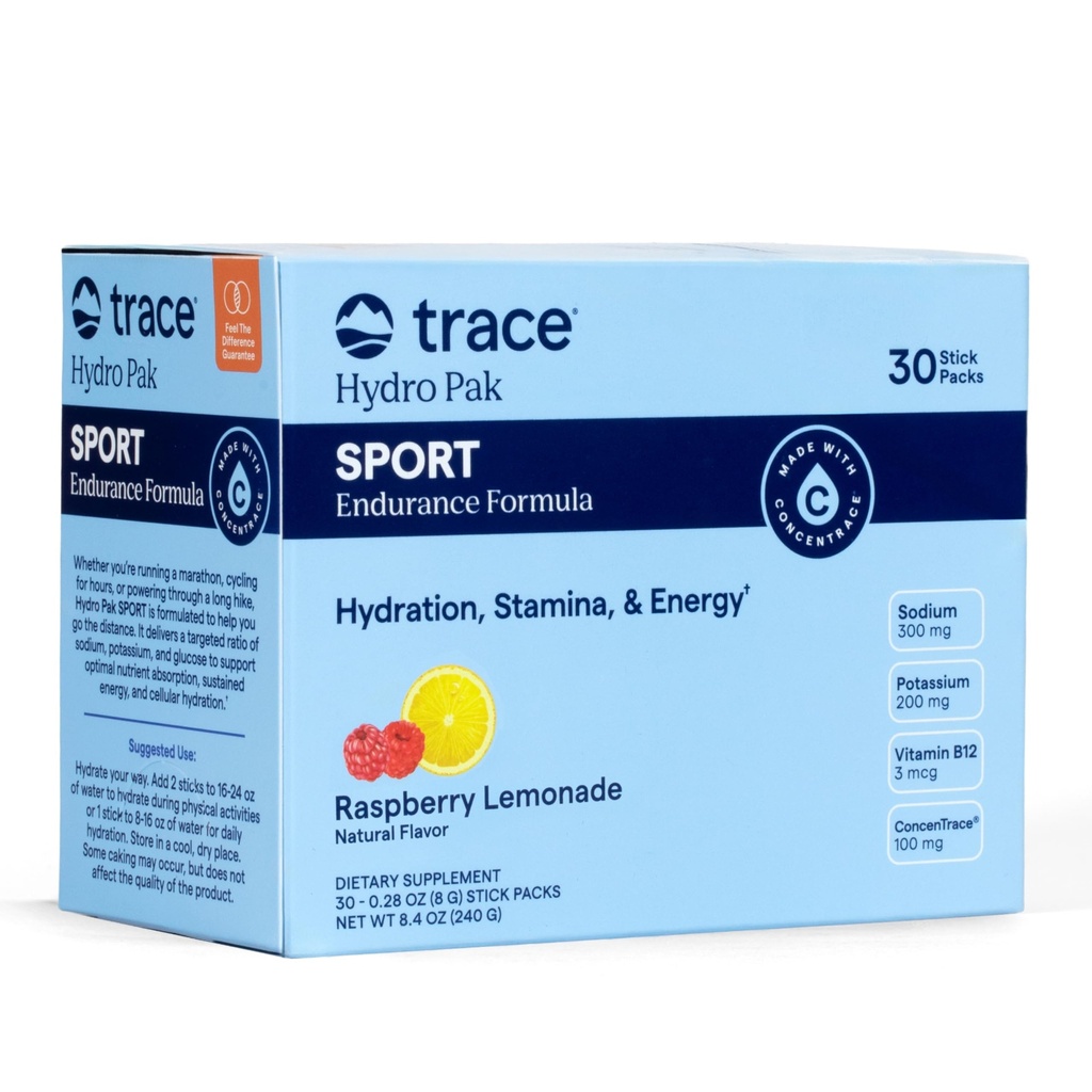 Trace Minerals Hydro Pak Sport – Electrolyte Powder Drink Mix - Supports Hydration, Stamina, Energy, and Endurance – Electrolytes, Vitamin B12, 70 Raspberry Lemonade – 30 Servings