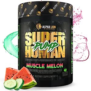 ALPHA LION Superhuman Pump Pre Workout Toz, Caffeine Free & Stim Free Preworkout Supplement, Nitrik Hoffman, Muscle Winer, Energy & Focus (42 Hizmetler, Kas Melon Flavor)