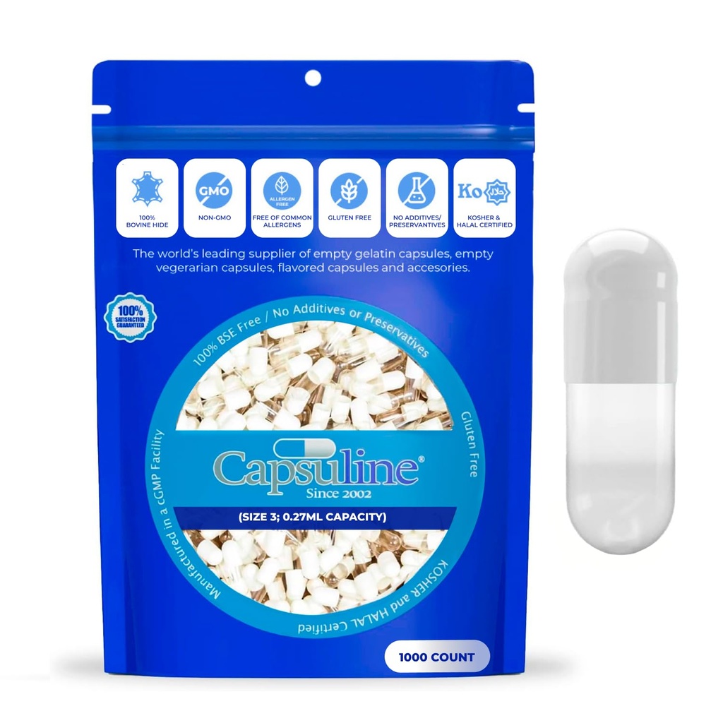 Capsuline Size 3 Empty Gelatin Capsules, White/Clear - 1000 Count | Gluten Free, Kosher, Non-GMO Certified | Pure Bovine Pill Caps for DIY Supplement Filling