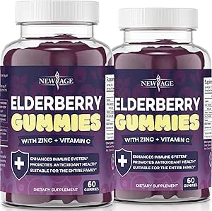 NEW AGE (2-Pack) Premium Gummys Elderberry για ενήλικες Παιδιά με βιταμίνη C, ψευδάργυρο, πρόπολη - Sambucus Black Elderberry Gummy Extract - Χωρίς γλουτένη & χορτοφαγικά - 120 Gummies