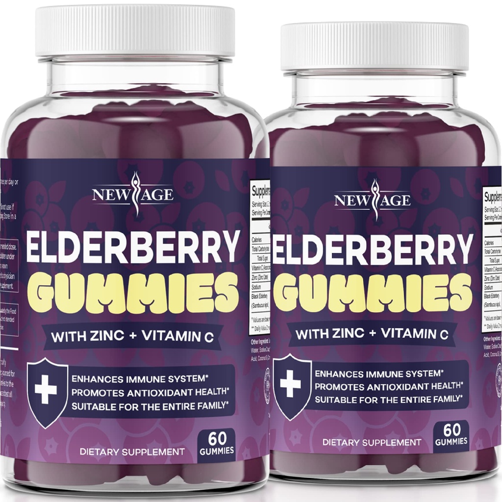 NEW AGE (2-Pack) Yetişkinler Çocuklar için C, çinko, Propolis - Sambucus Black Elder Gummy Ekstraksiyon - Gluten Free & Vegetarian - 120 Gummies