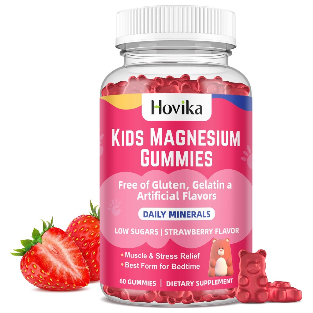 Çocuklar için Magnezyum Gummies - Magnezyum Citrate + Vitamin B6 & D3 - Great Tasting Magnezyum Kids Calm Gummies for Nerve Bone and Muscle Health for Kids Wellness, Vegan Strawberry Flavor 60 Kont