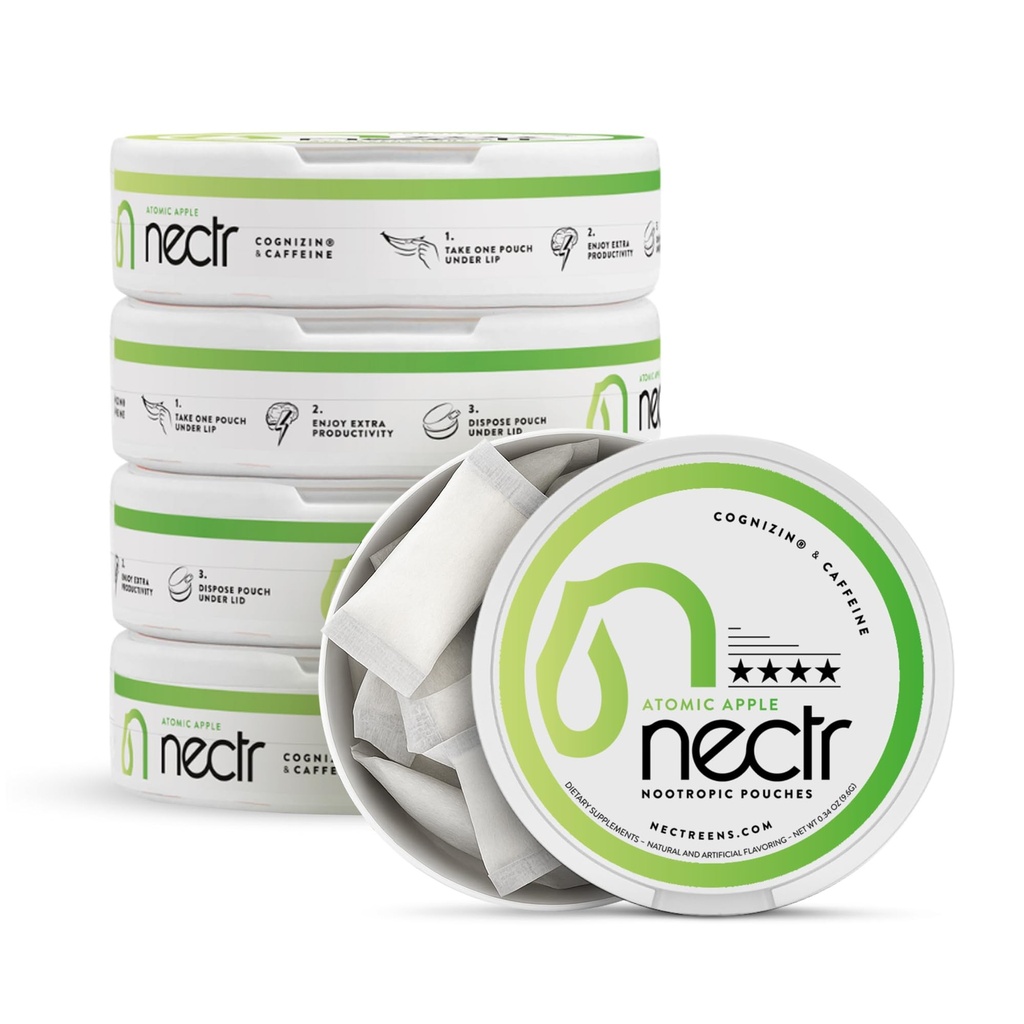 Nectr Energy Nootropic Pouches – Atomic Apple Flavored, Caffeine Pouches with Cognizin® Citicoline. Sugar-Free Brain Treats. Smooth, Sustained Focus & Energy Supplement - 5 Pucks of 16pcs