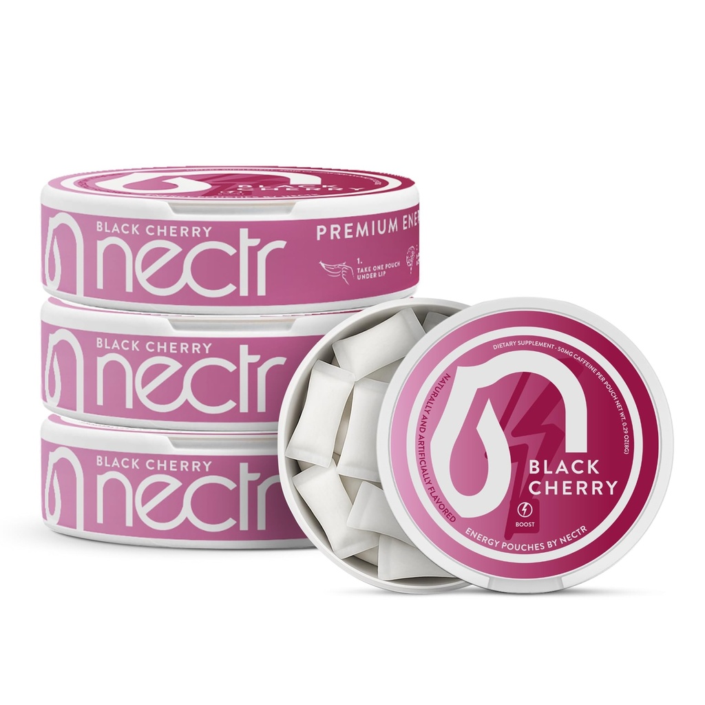 Nectr Energy 50mg Caffeine Pouches - Black Cherry Flavored, Sugar-Free Brain Treats. 20x Mini Nicotine-Free Pouches Per Puck. Fast Focus & Energy Supplement - 4 Pack