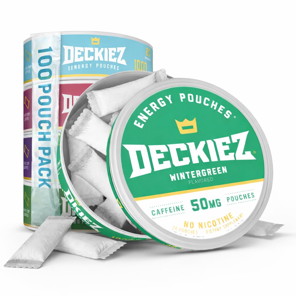 Deckiez Energy Pouches, 5 Cans (100 Pouches), Sugar Free Caffeine Supplement, Coffee Pouches & Energy Drink Alternative, 50mg Caffeine Pouches, 5 Pack Variety Flavors
