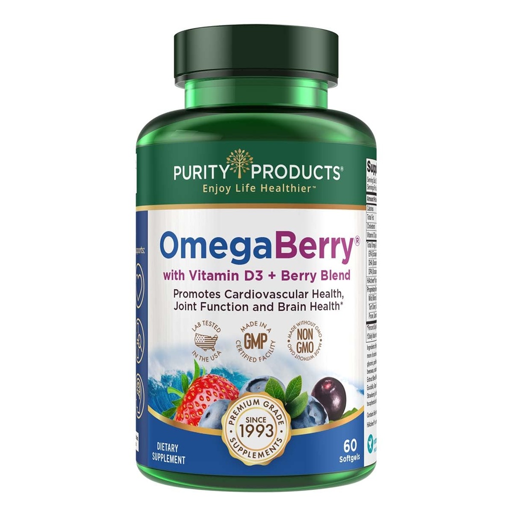 Saf Ürünler OmegaBerry Fish Oil with Vitamin D3 and Organic Acai - 1250mg Yoğun Moleküler Olarak Ortamlı Ultra Saf Omega-3 Balık Petrol, 500 mg DHA + 650 mg EPA - 60 Soft Gels - 30 Day Supply from