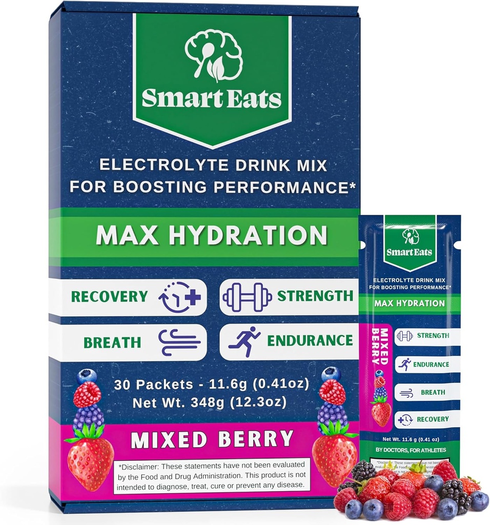 Smart Eats Electrolyte Toz - 1690 mg Electrolytes, 9 Temel Mineraller ve Vitaminler, 5 Antioksis, Hızlı ve Enerjili Hydration, Doktorlar tarafından tasarlanan, <1 Gram Sugar, Sour Berry Flavor - 30 Packets