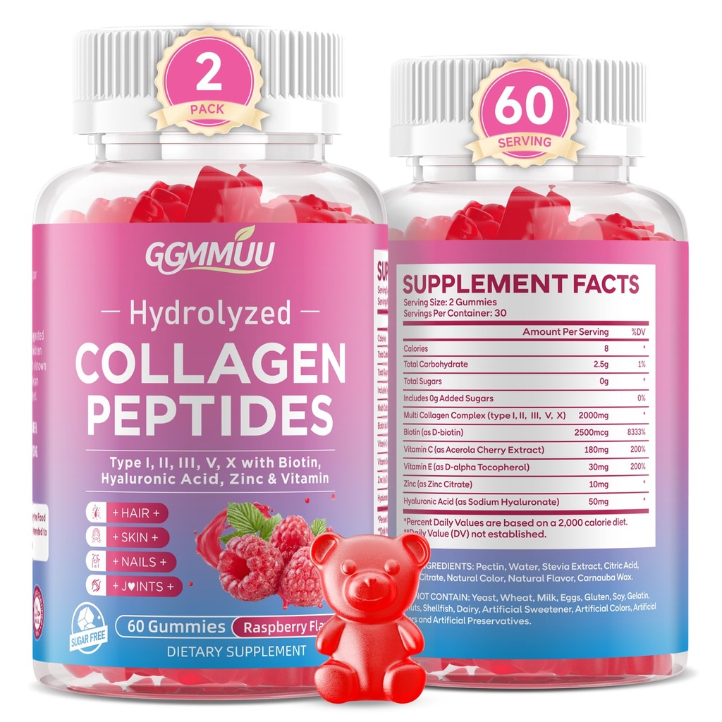 2 Pack Collagen Peptide Gummies for Women & Men, Collagen Protein Type I,II,III,V,X with Biotin Vitamin C, D, Hydrolyzed Collagen Supplement for Skin, Hair, Nails, Raspberry Flavor, 120 Count