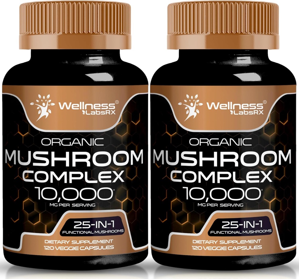 WELLNESS LABSRX Mushroom Supplement Capsules 10:1 Ekstraksiyon, Mushroom Complex Capsules 1000 mg, Lions Mane Supplement with Turkey Tail, Cordyceps, Reishi - 2 Pack
