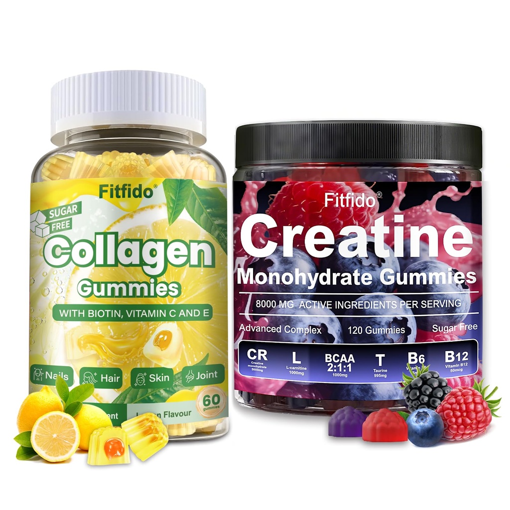 Creatine Monohydrate Gummies 8000mg + Collagen Gummies – Support for Thick Hair, Strong Nails & Healthy Skin – Vegan, Sugar Free, 2-Pack Supplement Bundle