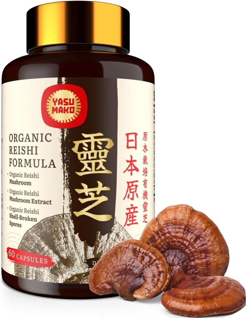 Japon Reishi Mushroom Supplement 800mg with Reishi Mushroom Extract 500 mg & Shell-Broken Sporları 200 mg,Organic Mushroom Capsules for Immune System - Real Fruiting Body (Pack of 1)