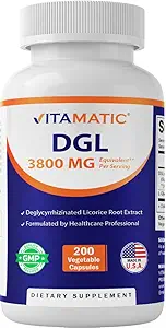 Vitamatic DGL Licorice 3800 mg Ισοδύναμο ανά υπηρεσία (από 10:1 Εκχύλισμα 380 mg) - 10X Ισχυρότερο - Υποστηρίζει Υγιεινή Πεθητική & Αναπνευστική Λειτουργίες - 200 Κάψουλες
