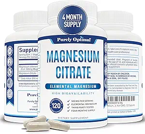 Purely Optimal Magnezyum Citrate 500 mg - Digestive Health için Magnezyum Supplement, Gentle Constipation Relief, Muscle & Sleep Support, Calm & Relaxation – High Abxia, 120 Easy-to-Swallow Caps