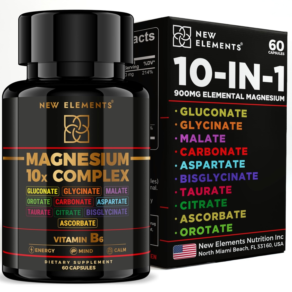 Magnesium 10X Complex – 900mg Elemental Magnesium | Glycinate, Gluconate, Malate, Orotate, Carbonate, Asparate, Taurate, Citrate, Bisglycinate, Ascorbate + Vitamin B6 for Superior Absorption