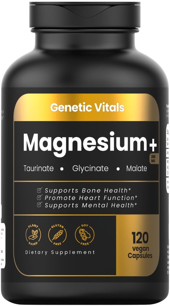 Triple Magnesium Complex 300mg - High Absorption Magnesium Glycinate, Taurate & Malate - Gluten-Free & Vegan - 120 Capsules