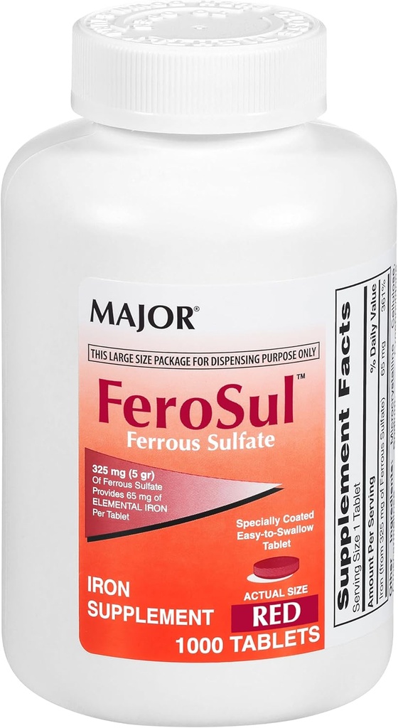 Binbaşı FeroSul - Ferrous Sulfate 325 mg Tablet - Kadınlar ve Erkekler için Demir Supplement - Özel olarak Easy-to-Sw Tabletleri - Red - 1000 Tabletler