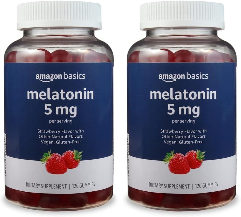 Βασικές Μελατονίνη 5mg, 120 Gummies (2 ανά Σερβίρισμα), Φράουλα (Πρώην Solimo) (Pack of 2)