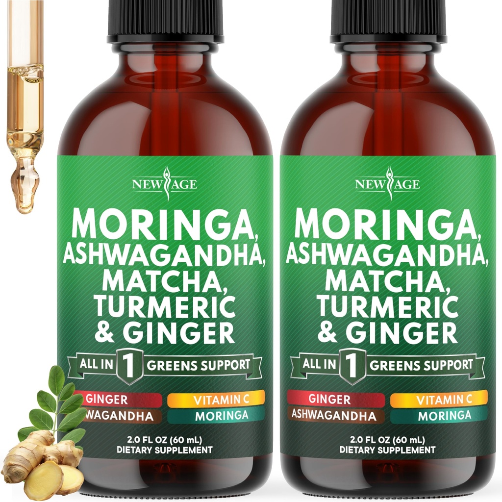 Moringa Supplement Drops - Ashwagandha, Spirulina, Chlorella, Turmeric & Ginger Liquid Barley Grass with Chlorophyll, Matcha, Algae, Vitamin C Antioxidant, Holy Basil, Ceylon Cinnamon - 4fl Oz