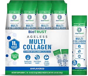 BioTrust Ageless Multi Collagen, Toz – Tipler I, II, III, V, X – Kadınlar ve Erkekler için Sınırsız Kolajn Toz – Hydrolyzed Protein- Grass Fed Beef, Fish, Chicken, Eggshell Membran (16 paket)