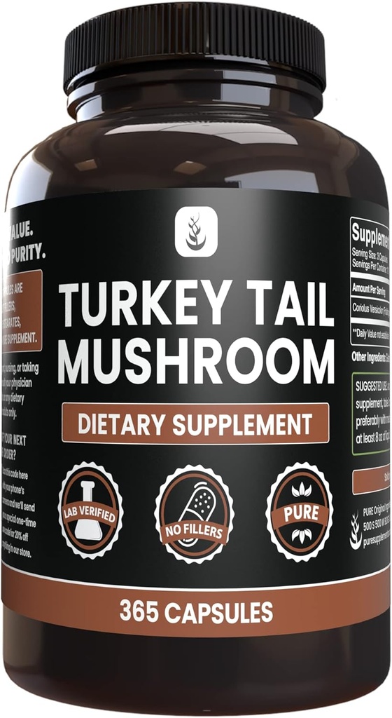 Pure Original Materialss Türkiye Tail Mushroom, (365 Capsules) Hiçbir Magnezyum Or Rice Fillers, Always Pure, Lab