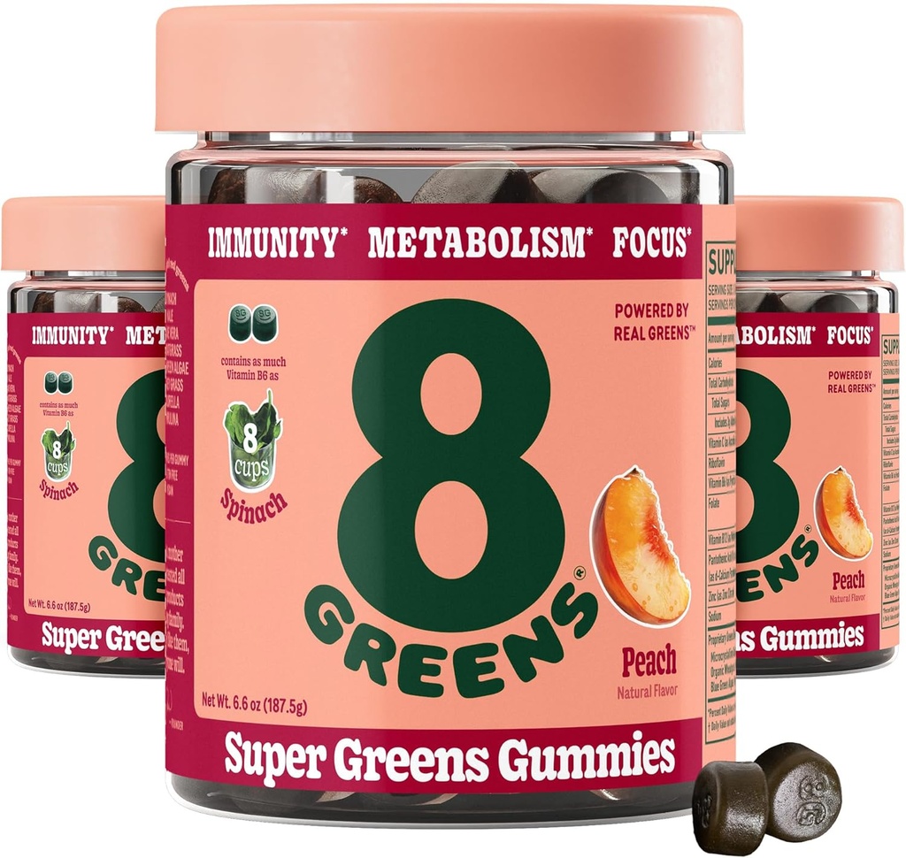 8Greens Supergreens Gummies | Super Greens Toz Superfood Gummy for Metabolism, Immunity & Focus, Digestive Health Enzymes, Organic: Chlorella, Spirulina, Aloe Vera, Peach Flavor, 150 Count