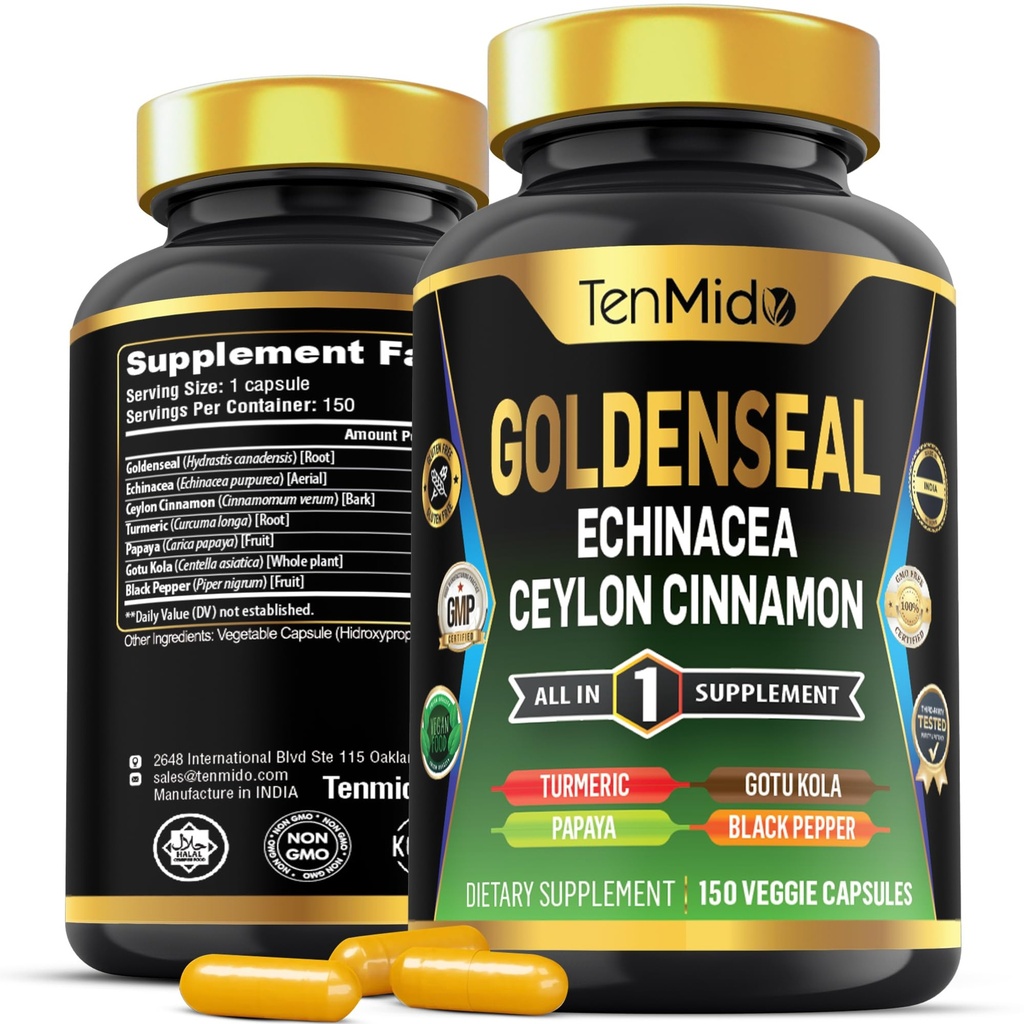 Goldenseal Root Supplement - 7in1 Formula - Combine with Echinacea, Ceylon Cinnamon, Turmeric, Papaya, Gotu Kola & Black Pepper - Digestive Health Support - 150 Capsules for 5 Months Supply