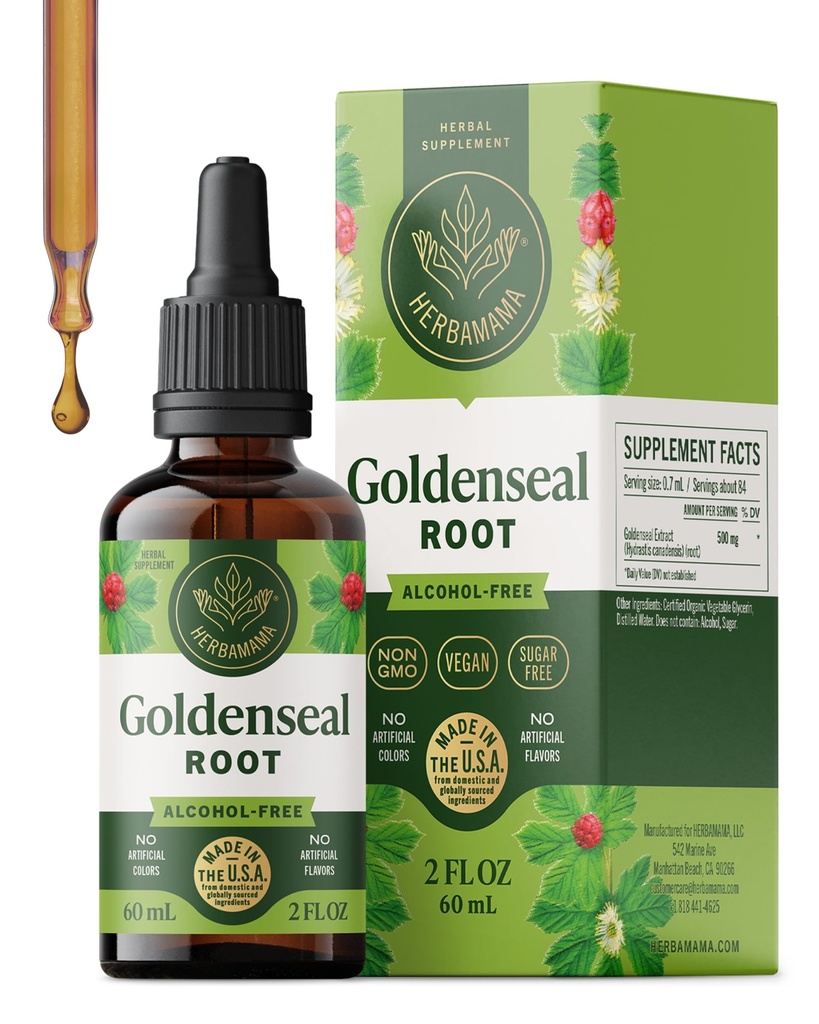 HERBAMAMA Goldenseal Root Tincture - Vegan Immune & Respiratory Support with Goldenseal Herb Extract Drops - Non-GMO, Alcohol & Sugar-Free Liquid Immunity Supplement, 42-Day Supply