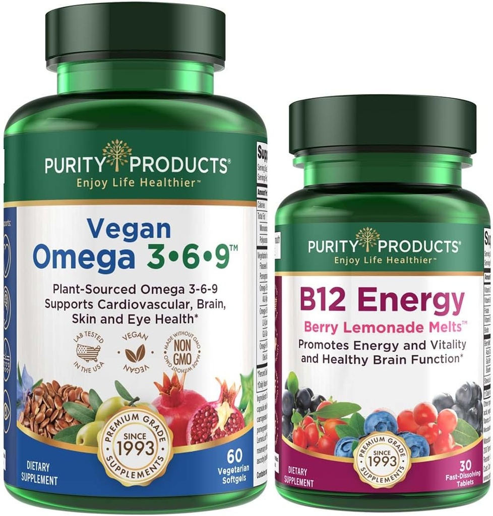 Saf Ürünler Planlama - Vegan Omega 3-6-9 + B-12 Enerji Melt Omega 3-6-9 ("5 in 1" Plant-Based Omega 3 6 9 Essential Fatty Acid Complex) - B12 Berry Melt (Methylcobalamin B12 + B6 + D3 + Daha Fazla)
