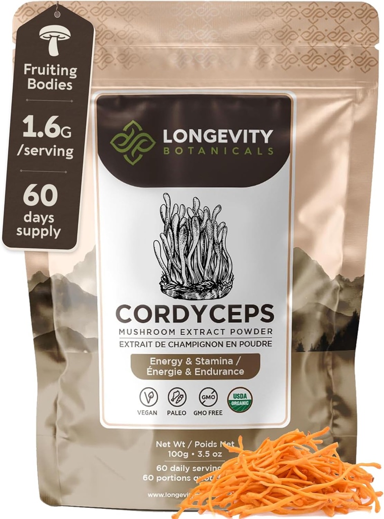 Longevity Botanicals Organic Cordyceps Mushroom Extract Toz 100g | Mekanik 10:1 Karşılaştırma | 100 Meyveli Bodies | Cordyceps Militaris Natural Supplement for Energy, Stamina & Respiratory Support