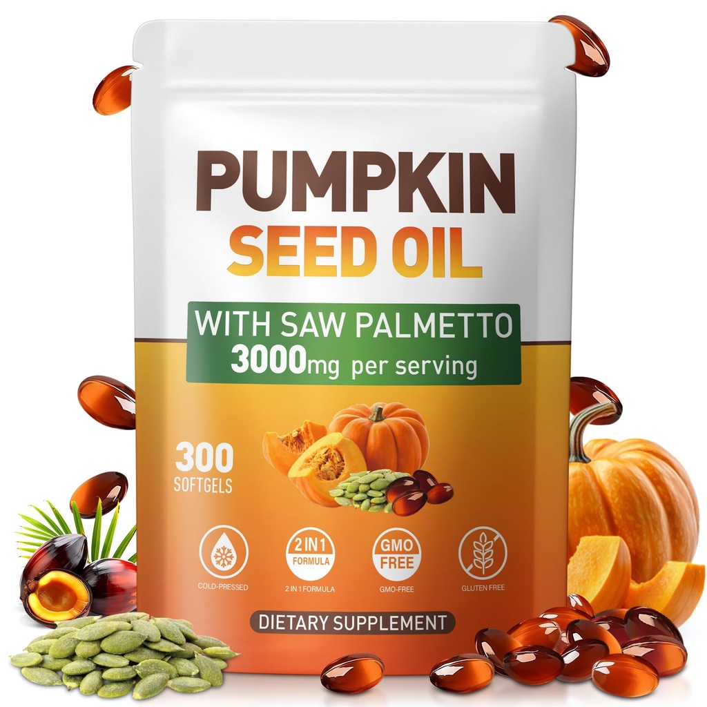 Pumpkin Seed Oil Capsules - Cold Pressed Pure Virgin Oil, Essential Fatty Acids and Plant Sterols | 300 Capsules | Supports Hair, Urinary Bladder and Prostate Health | Non-GMO