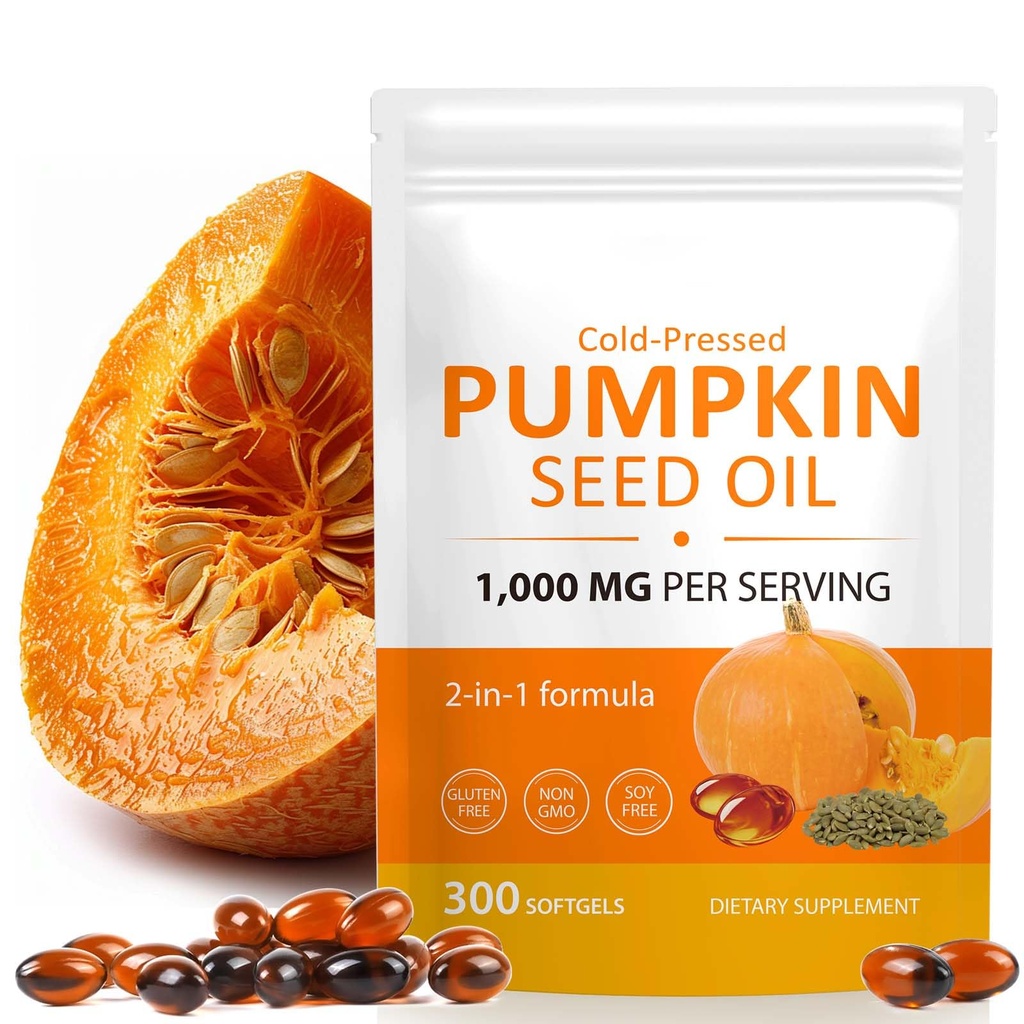 Pumpkin Seed Oil Capsules, Cold Pressed Pure Virgin Pumpkin Seed Oil Softgels Essential Omega-3/6, Fatty Acids, Phytosterols, Vitamin E, Supports Hair Health, Prostate Function - 300 Softgels