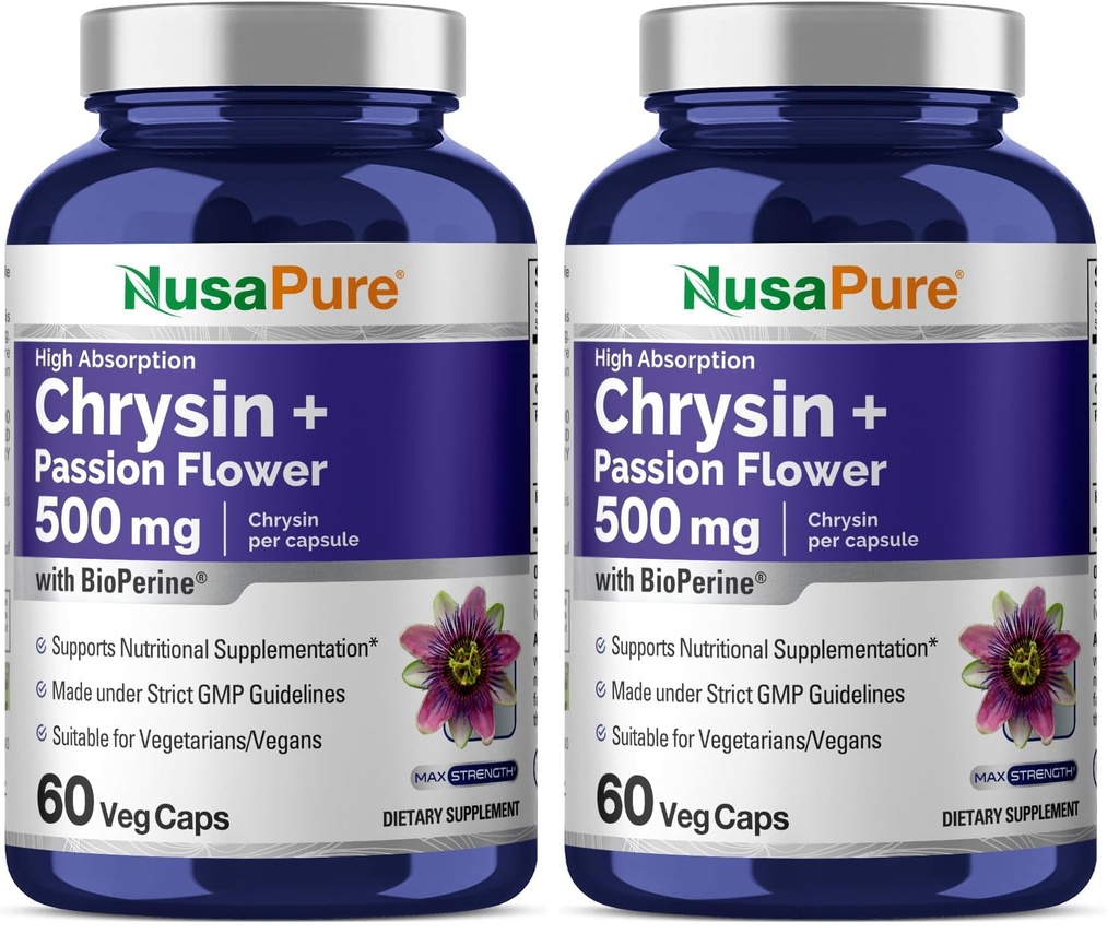 NusaPure Chrysin 500mg, 60 Veggie Capsules | Passion Flower Complex 500mg Supplement | 5, 7-Dihydroxyflavone | Concentrated Extract | Non-GMO, BioPerine (Pack of 2)