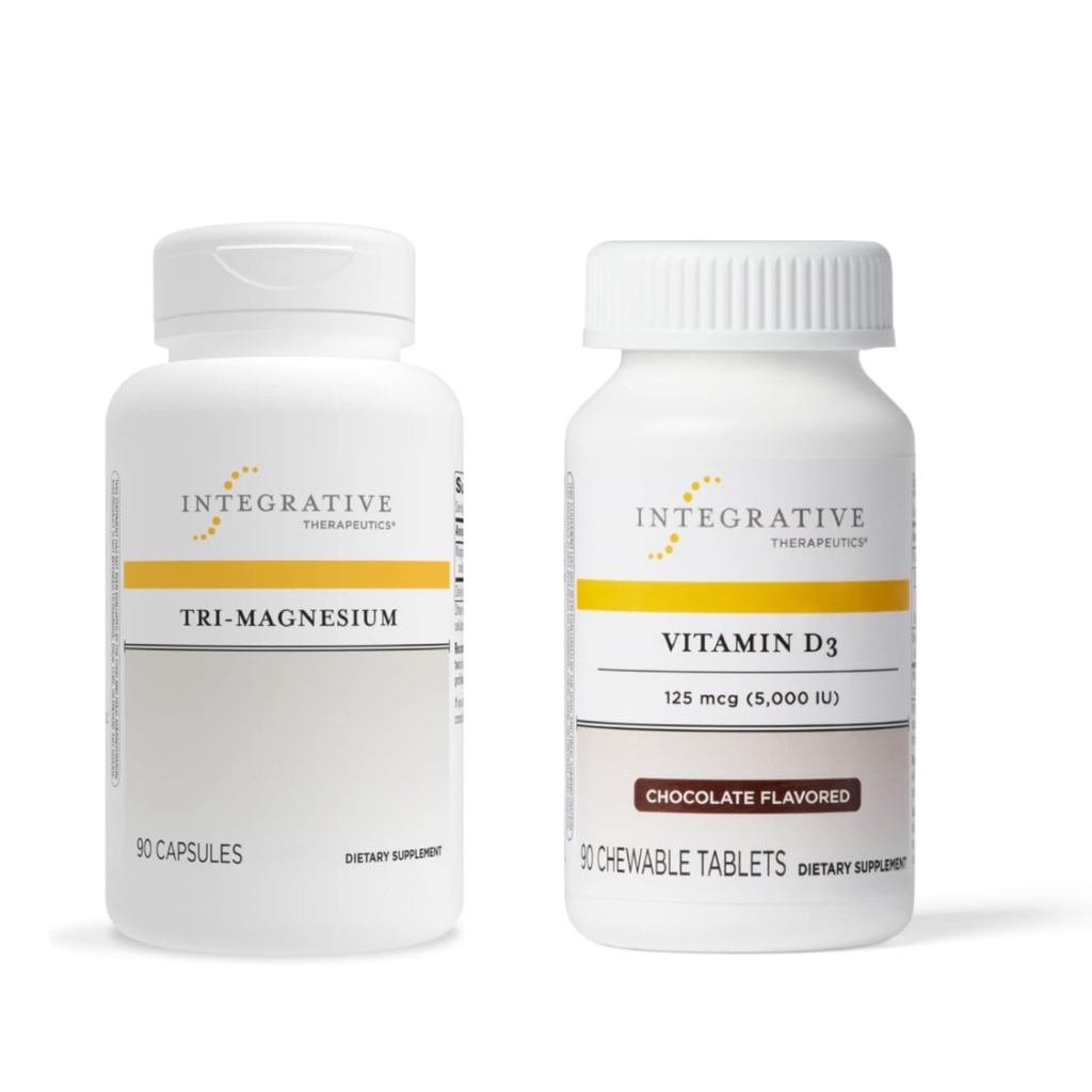 Tri-Magnesium, 90 Capsules & Vitamin D3 125 mcg, 90 Flavored Chewables - Supports Heart Function & Bone Health* - Bone Health Supports