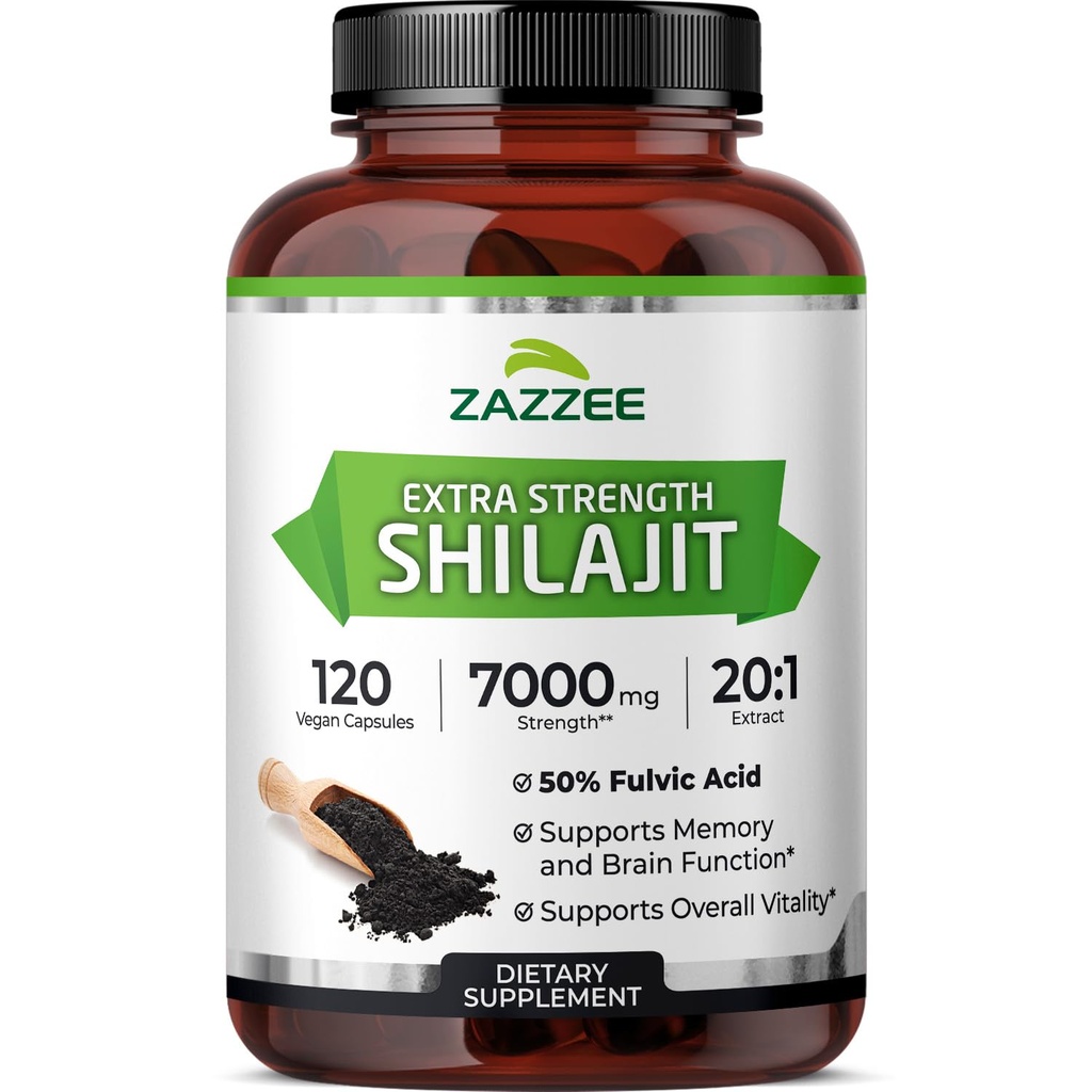 Zazzee 100% Pure Himalayan Shilajit 20:1 Ekstraksiyon, 7000 mg Capsule başına Güçlü, 50% Fulvic asit, 120 Şişe, 20X Potency, Trace Minerals, Non-GMO, Vegan, ABD'de Yapıldı