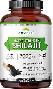 Zazzee 100% Pure Himalayan Shilajit 20:1 Ekstraksiyon, 7000 mg Capsule başına Güçlü, 50% Fulvic asit, 120 Şişe, 20X Potency, Trace Minerals, Non-GMO, Vegan, ABD'de Yapıldı