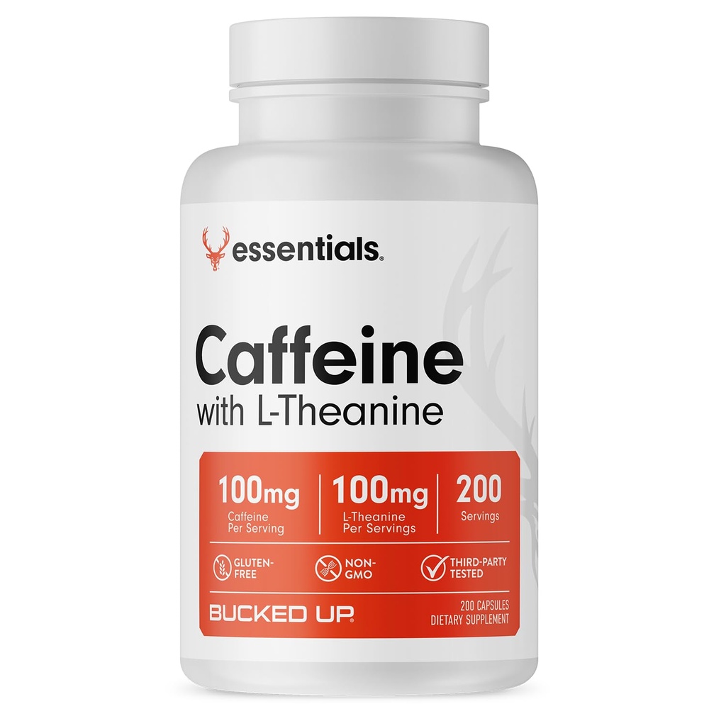 Bucked Up Caffeine with L-Theanine | 100mg Caffeine + 100mg L-Theanine per Serving | Non-GMO | Gluten-Free | Third-Party Tested Energy Support Supplement - 200 Servings (200 Capsules)