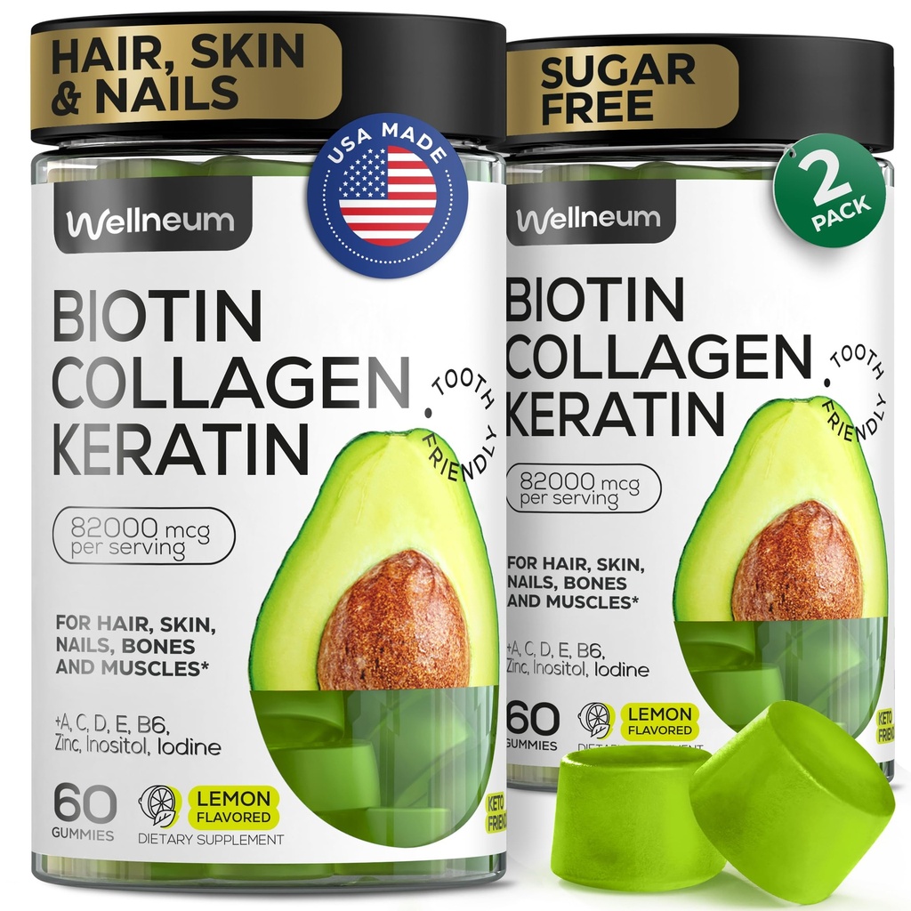 Biotin ve Collagen Peptide Gummies for Hair growth, Skin and Nails 120 Adet (2 Pack) - 82000 Mcg - Biotin Chewables with Keratin Max Strength - Beauty Gummies for Women and Men - Sugar Free, Non-GMO
