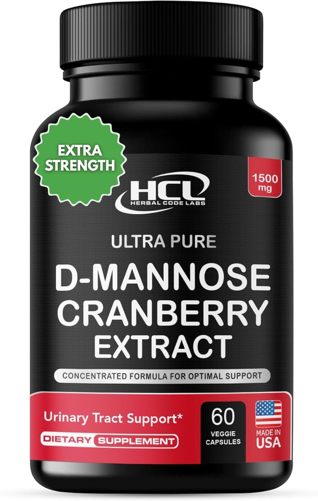 HCL HERBAL KOS D-Mannose with Cranberry Extract Capsules 1500 mg - Yüksek Potency USP Grade D-Mannose Supplement with Whole Fruit Cranberry Toz – Urinary Tract Support – Non-GMO 60 Capsules